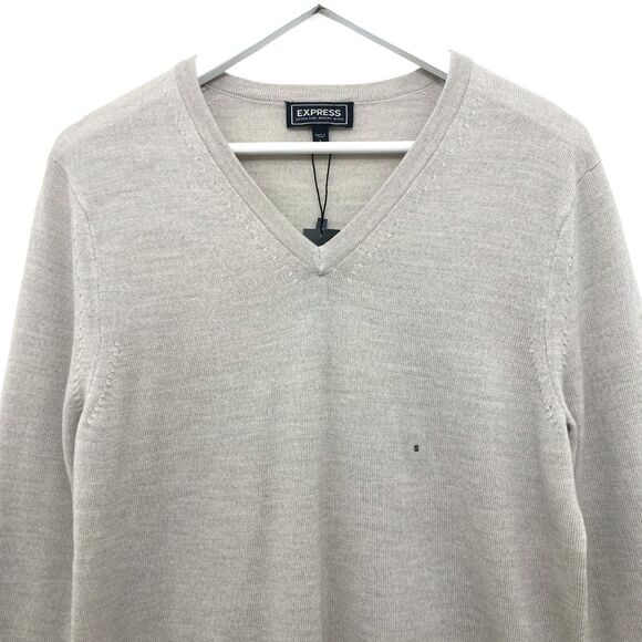 Express Men's Merino Wool Sweater Size S NWT V-Neck Oatmeal Extra Fine Wool - Picture 4 of 16